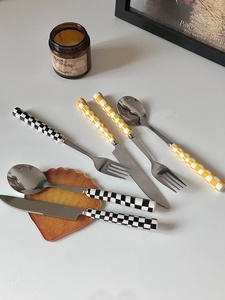欢乐餐具平板餐具用瓷柄彩色平板餐具格子平板套装 - Product Image 2