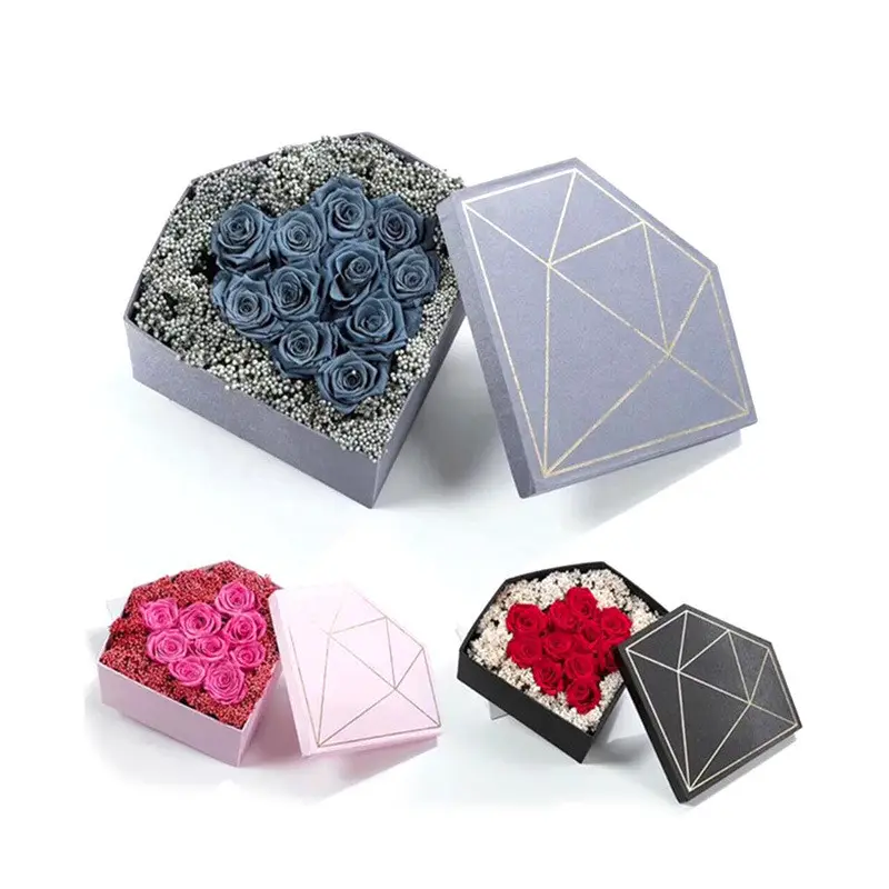 Caja de regalo en forma de diamante de tela satinada, suministros de floristería, conjunto de caja de papel de regalo de flores preservadas