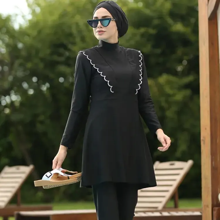 Mode schwarz bescheiden Burkini-Badeanzug langärmlig 3-teiliger Burkini islamisch muslimischer Birkini Bademode für Damen