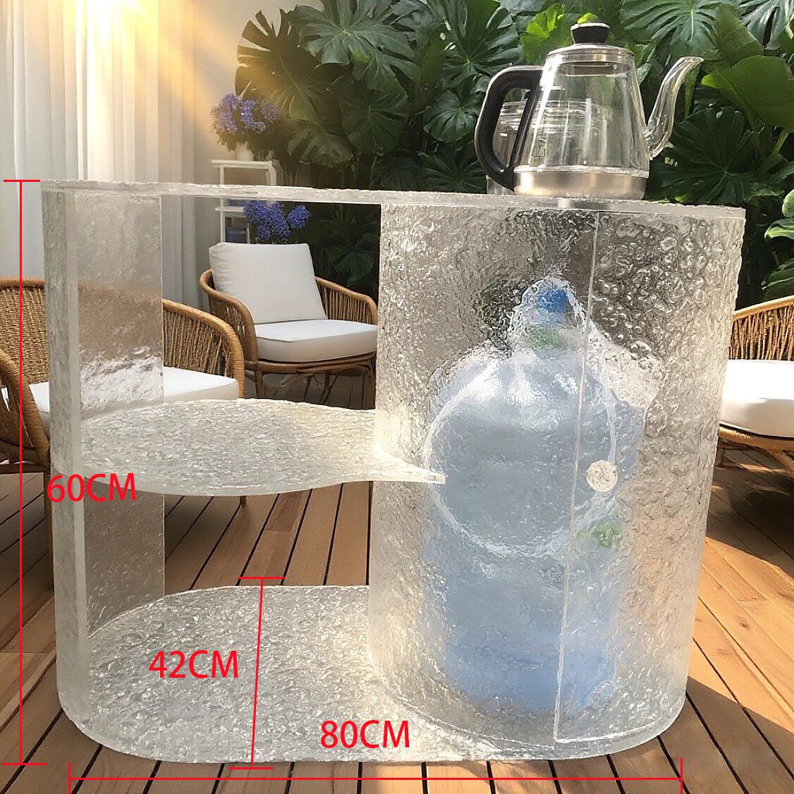 Mesa de centro acrílica corrugada para agua y café.