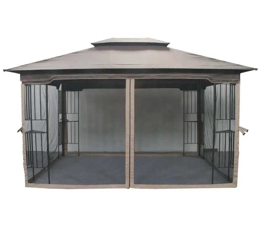 Cenador exterior de tela de acero de 10 'x 12' con cortinas antimosquitos, cenador de 2 niveles para Patio
