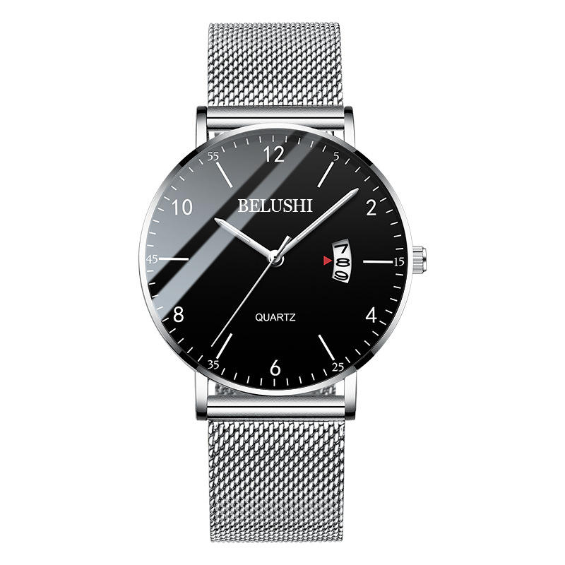 B- 8012 Silver Case Black Mesh Belt