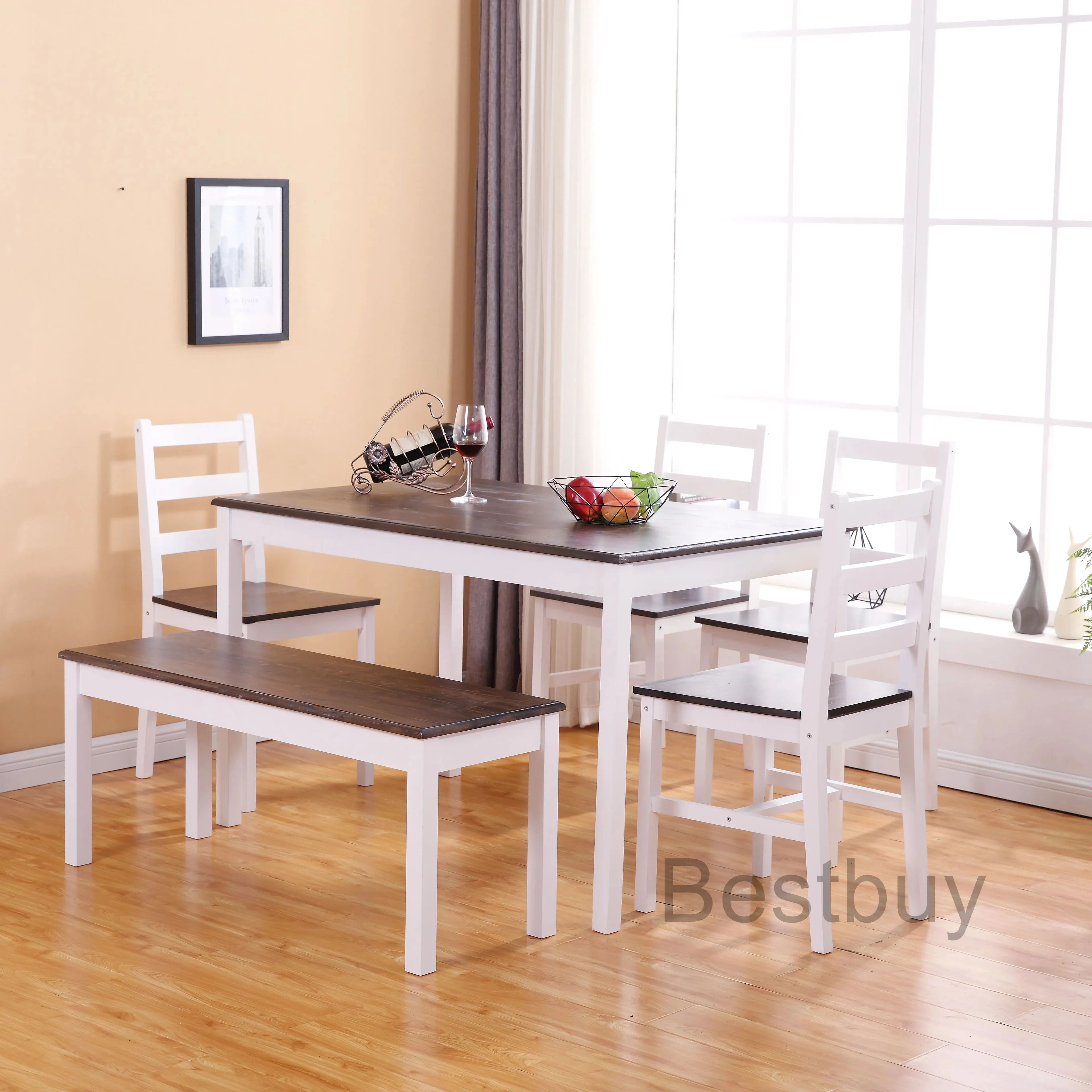 Conjuntos de móveis de madeira para sala de jantar, mesa e cadeiras com banco