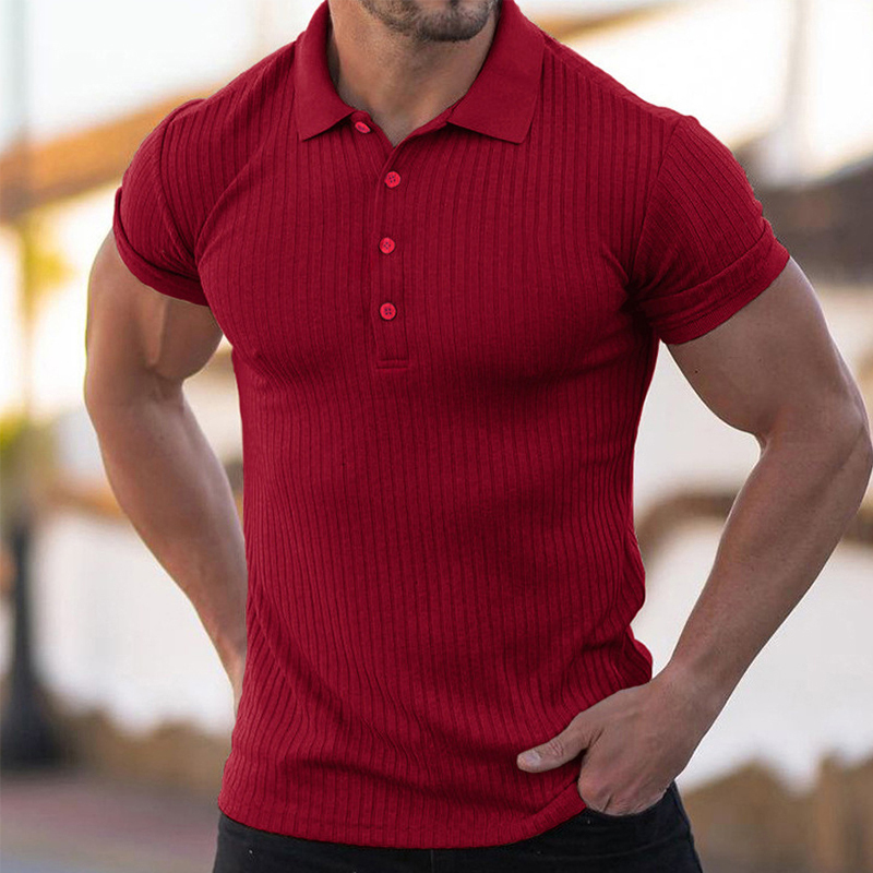 Red Mens knit button up business shirt workout tees