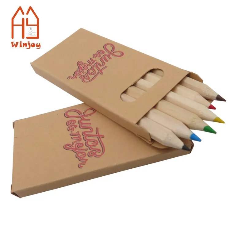 Özel çin kalem üreticisi 6 adet 3.5 "mini renkli kurşun kalem seti el yapımı karton kutu çocuklar için