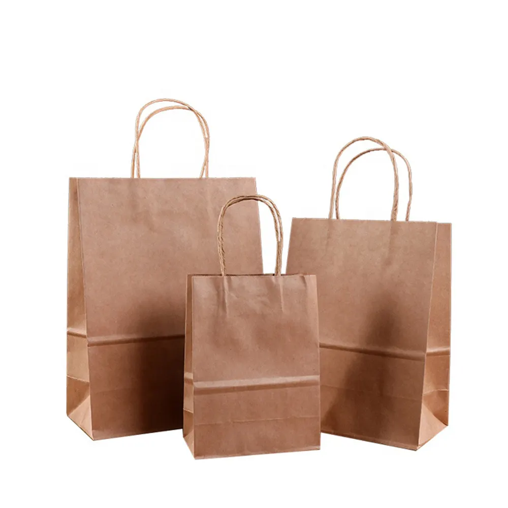 Süpermarket için özel baskılı zanaat sebze Paperbags 100% kolları ile biyobozunur düz kahverengi Kraft bakkal kağıt torba