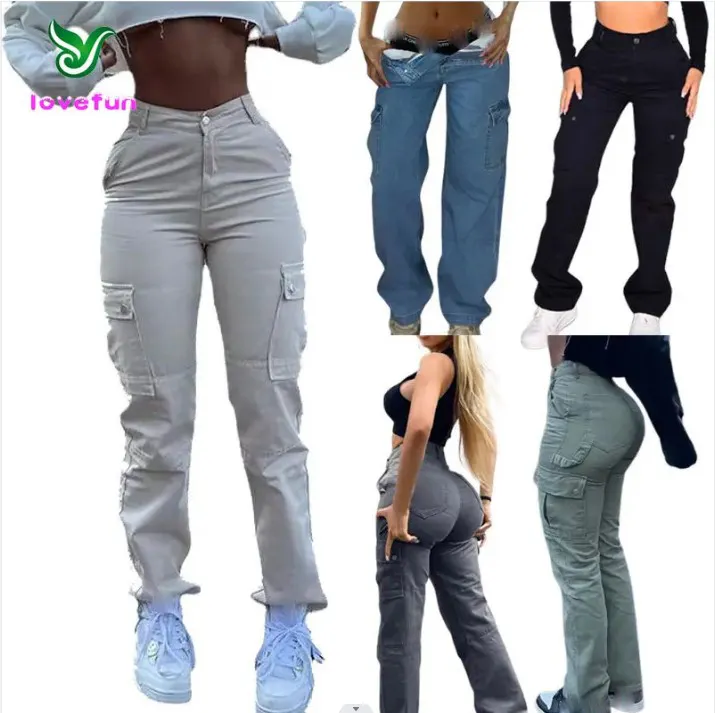 Yan cepler ile kadın kargo pantolon Streetwear ter Jogger pantolon açık spor kadınlar için Flare yığılmış kargo pantolon