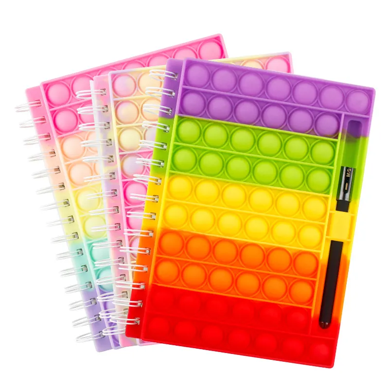 Günstige Neuheit A5 A6 Silikon Student Stress abbau Notizbücher Rainbow Bubble Fidget Spiral Notebook Spielzeug mit Stift ablage