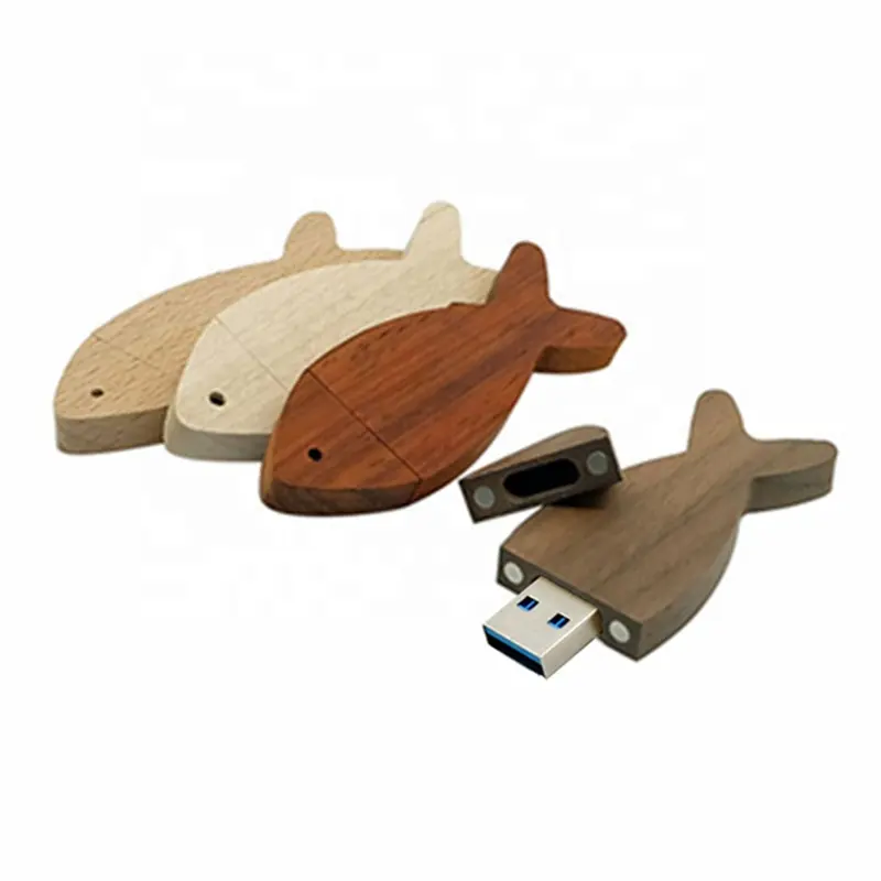 Cadeaux promotionnels respectueux de l'environnement mémoire flash USB 2.0 Stick clé en bois en forme de poisson en bois clé usb 3.0