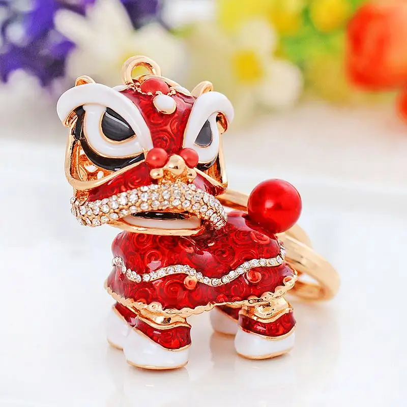 סיני סגנון בלינג Keychain ריקוד האריה ריינסטון תליון מתכת קריסטל מפתח מפתח טבעת רכב תיק קסם Creative מתנה