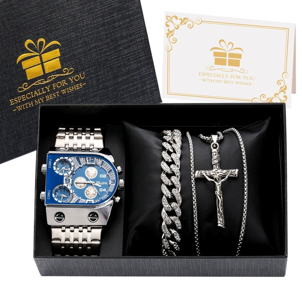 8 Oulm 9315 Silver Blues Watch with Bracelet Necklace and Box