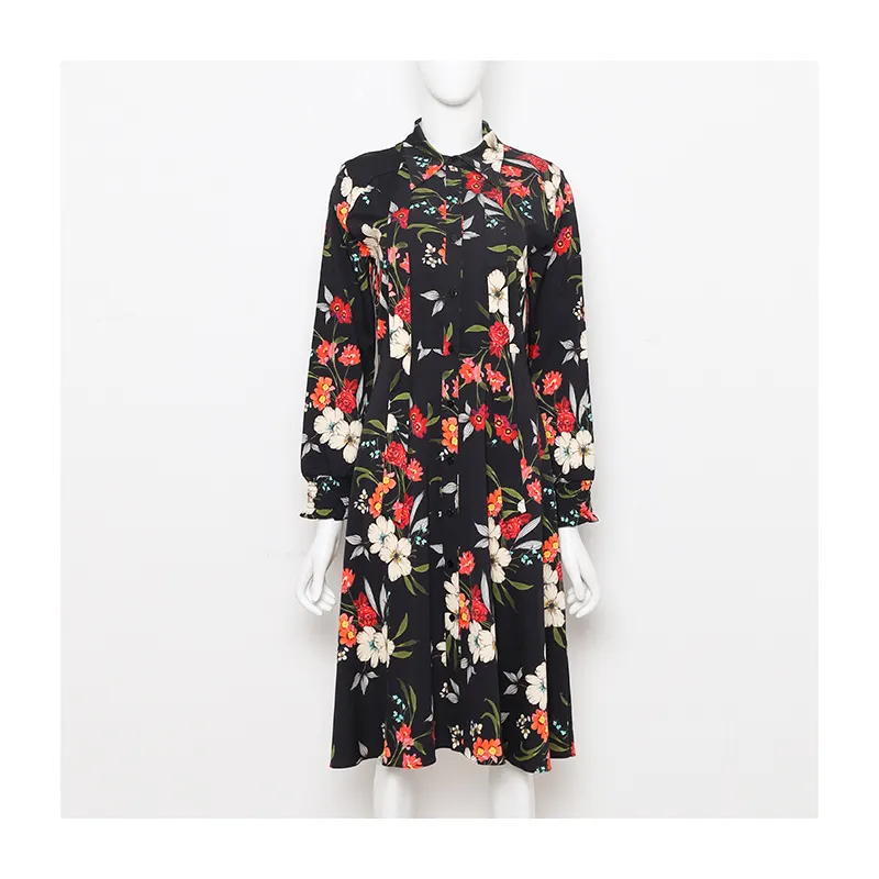 Vestido floral de seda de manga larga para mujer, venta directa de fábrica, venta al por mayor, primavera limitada