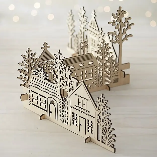 Venta al por mayor sin terminar hecho a mano DIY árbol de Navidad de madera cortado con láser y grabado