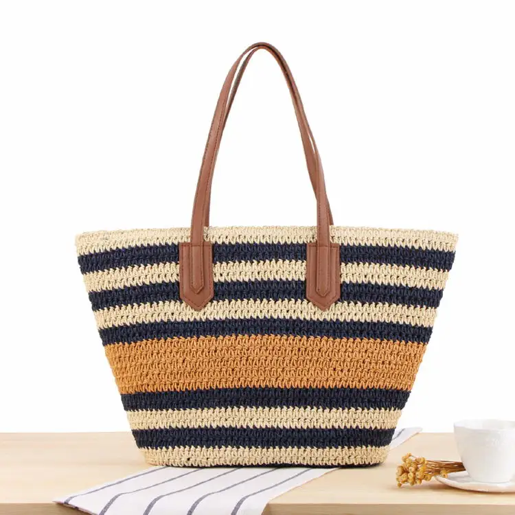 Wholesale Modern Stripe Design Beach Straw Bag Bolsas De Paja Para Playa Popular Ins Women Casual Large Tote Handbags
