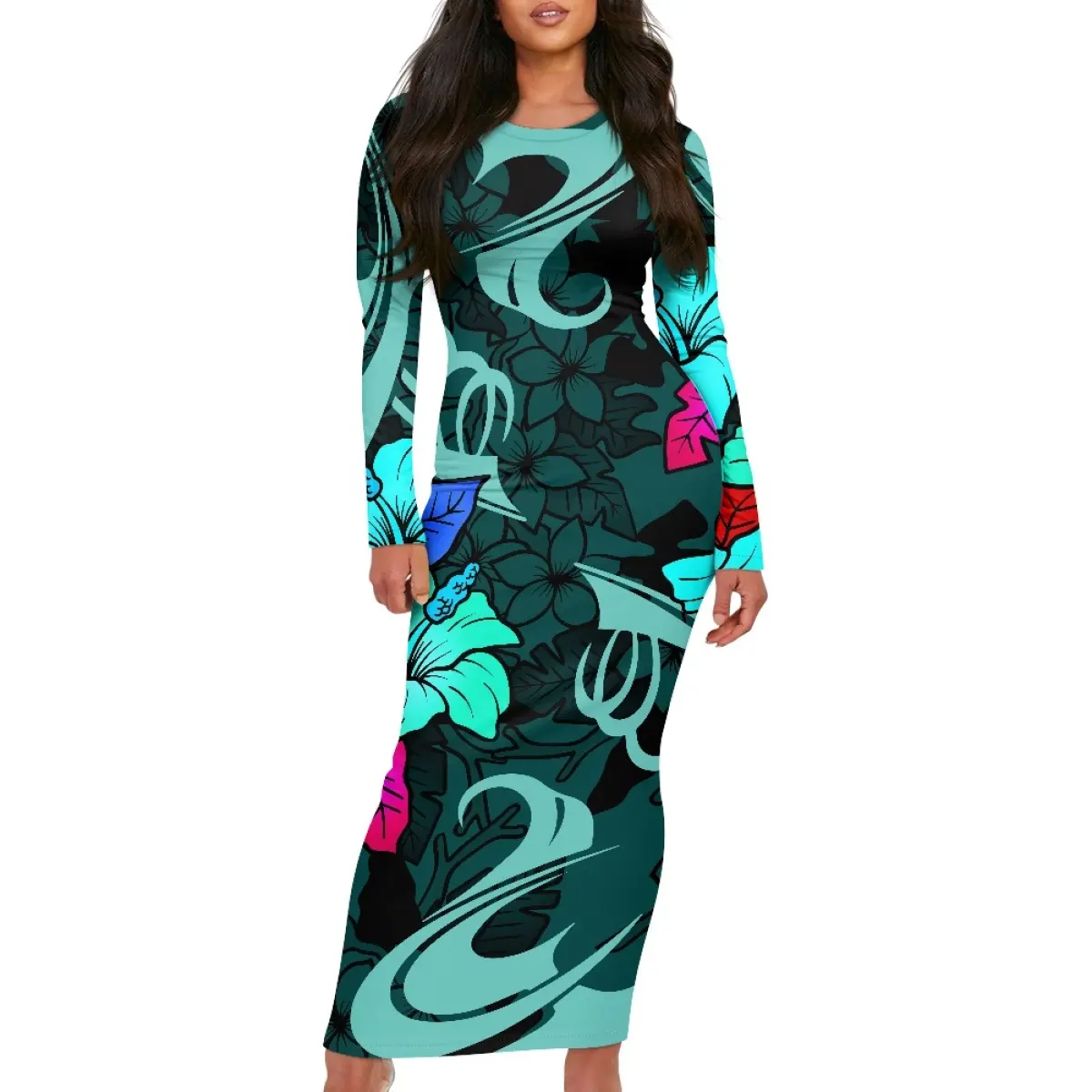 High Quality Vintage Hawaii Polynesian Tribal Long Sleeve Ladies Dress Custom Elegant Dresses For Women Beautiful Bodycon Skirt