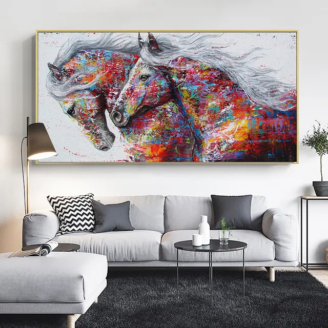 Pintura en lienzo de dos caballos corriendo, imágenes de pared para decoración de sala de estar, impresiones artísticas abstractas modernas