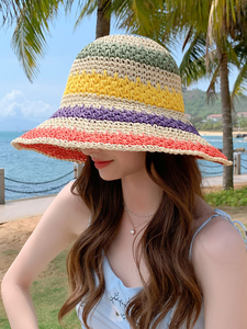 Women's Foldable Bohemian Straw Hat for the Seaside <strong>rainbow</strong> Color Matching Fisherman's Hat to Block the Sun and Show the Face - Product Image 5