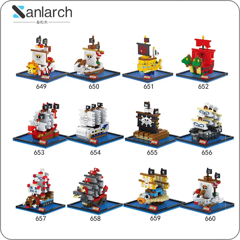 Assembled Pirate Ship Anime Mini Bricks Figures Stacking Toy Merry Thousand Sunny Pirate Ship Building Cartoon One Piece Blocks