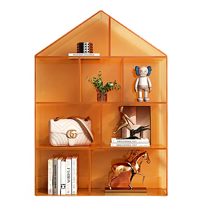 Scaffale per libri in acrilico arancione a forma di casa personalizzato per la casa libreria in acrilico blu a 9 griglie per l'esposizione della camera da letto