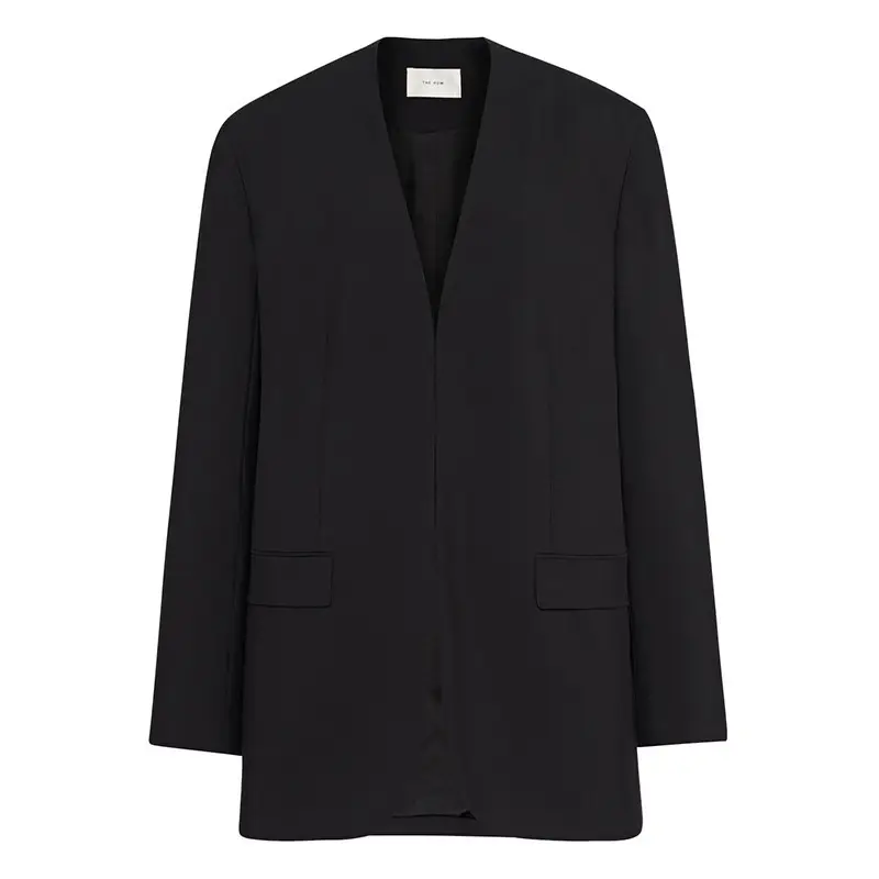 Coupe ample printemps et automne laine mélangée classique sans col haut minimaliste veste de costume noire pour les femmes