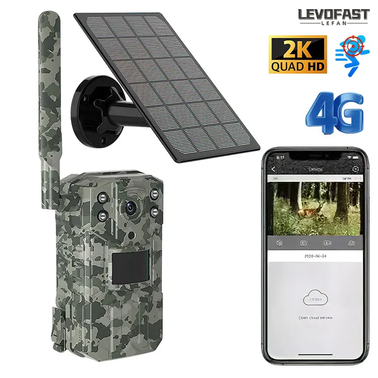 LEVOFAST Solar 4G Alert Intelligent Hunting Camera 4MP Built-in 7800 Battery lP66 PIR Sensing Ai Move Hunting Trail Camera