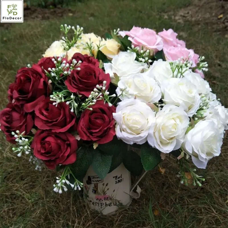 12 หัวประดิษฐ์ดอกไม้ผ้าไหมกุหลาบสำหรับงานแต่งงานกลางโต๊ะแต่งงานผสม Rose ดอกไม้