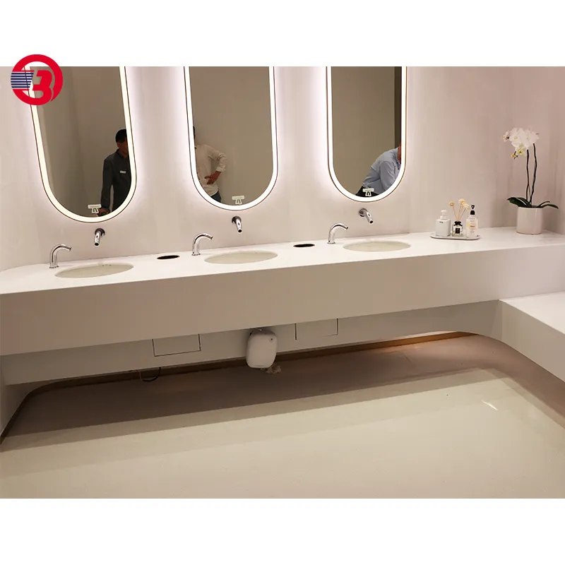 Largo zona pública tocador de acrílico modificado superficie sólida encimera lavabo personalizado hecho a mano lavabo