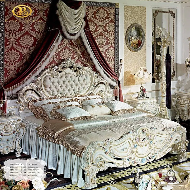 Estilo europeo Muebles para el hogar Dormitorio Madera maciza Hoja de oro Dubai King Bed