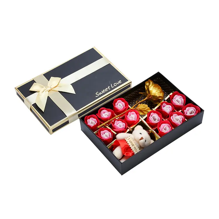 Regalos embalaje Rosa oso de peluche con caja de ramo de chocolate rígido papel de lujo Cajas de Regalo cartón personalizar caja de embalaje