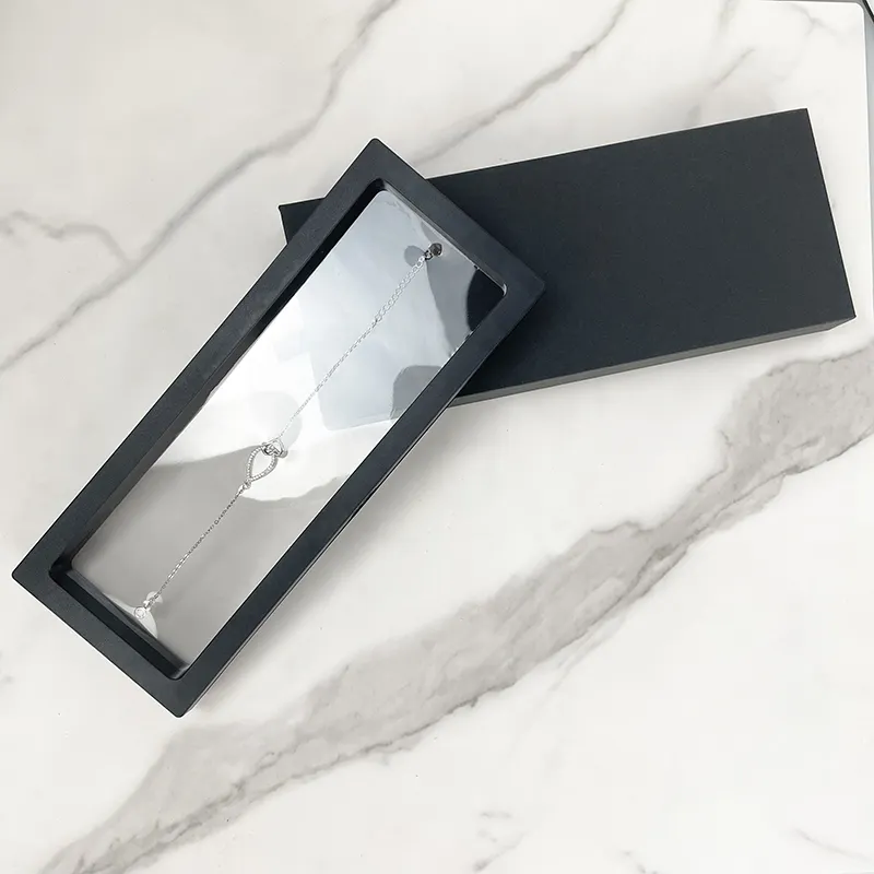 Pantalla de película de PE transparente, carcasa transparente, película suspendida 3D, marco flotante, cajón deslizante negro rectangular, joyero