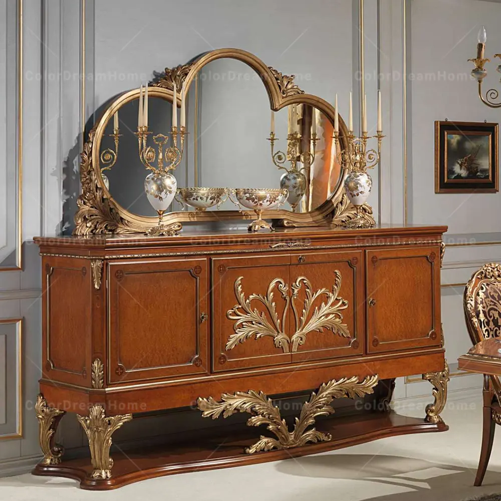 Factory Custom Luxury Solid Wood Sideboard French Louis Xvi Style Buffet Cabinet & Mirror