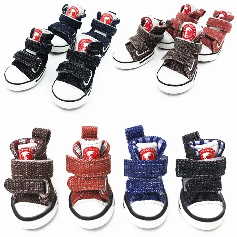 Calçados antiderrapantes para cachorro, 4 unidades/conjunto, tênis para cachorro de estimação, sapatos de denim para cães pequenos e grandes