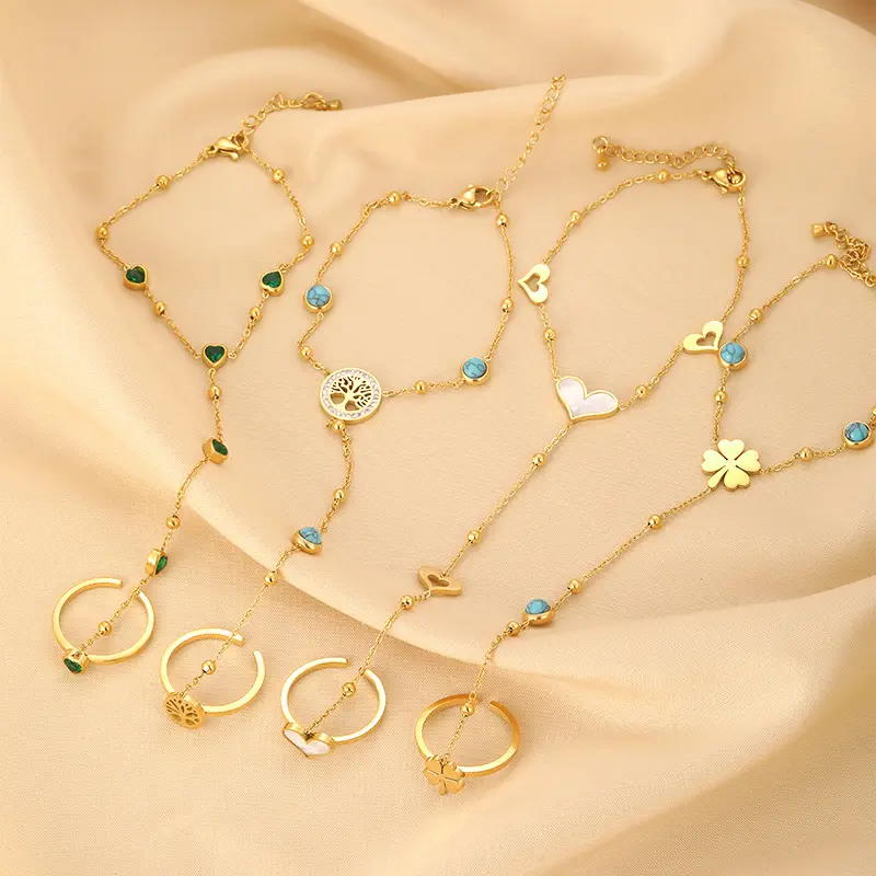 Braccialetto a forma di cuore di quadrifoglio di alta qualità con anello albero della vita catena d'oro braccialetto di diamanti Set di accessori per gioielli da donna