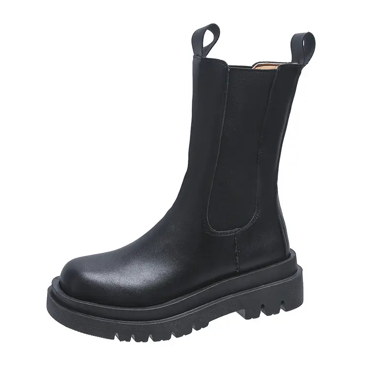 Botas de piel sintética para mujer, botines con plataforma estilo Chelsea, a la moda, parte inferior gruesa, color negro, para Otoño e Invierno