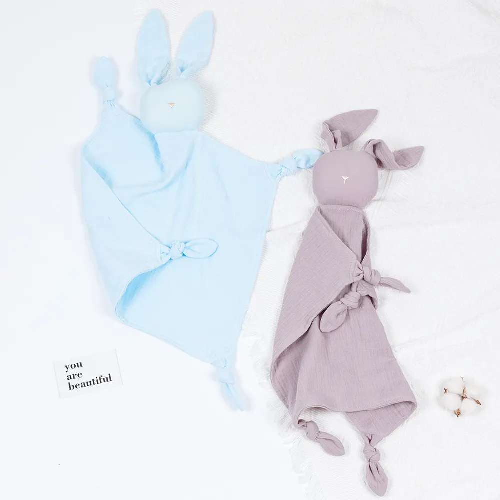 Flauto felice all'ingrosso adorabile morbido tocco bambola coniglio asciugamano lenitivo 100% cotone mussola coperta piumino per bambino