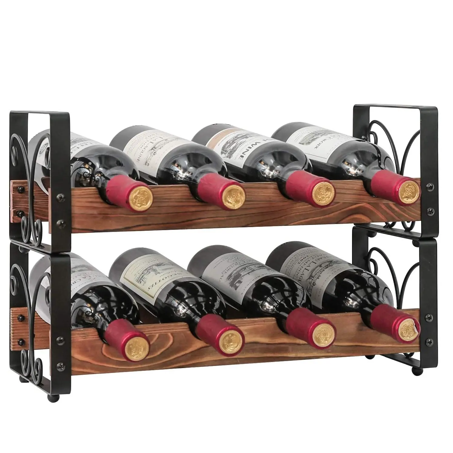 Rustico 8 Bottiglia Impilabile Cremagliera del Vino Freestanding 2 Livello Controsoffitto Liquore di Stoccaggio Mensola In Legno Massello e Ferro H-Vernice disegno