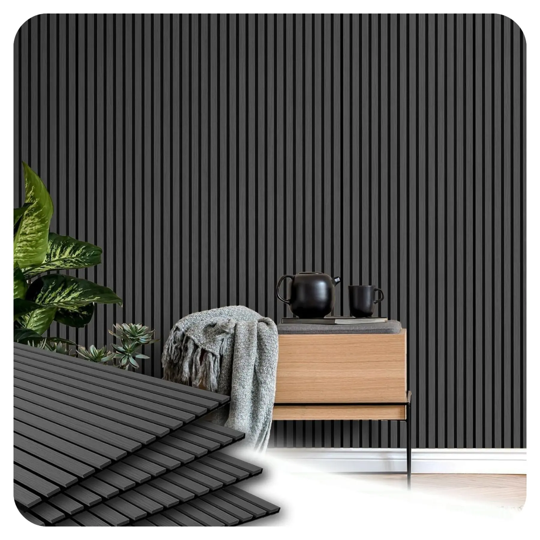 Panel acústico de listones de madera MDF de chapa de roble negro con textura 3D de estilo occidental para decoración de paredes y techos y reducción de ruido