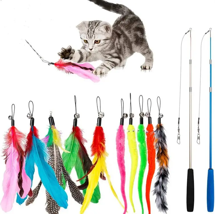 Drop Shipping 2023 Nieuwe Trend Op Maat Gemaakte Intrekbare Kattenspeelgoedstok Stick Cat Teaser Speeltje Met Veer