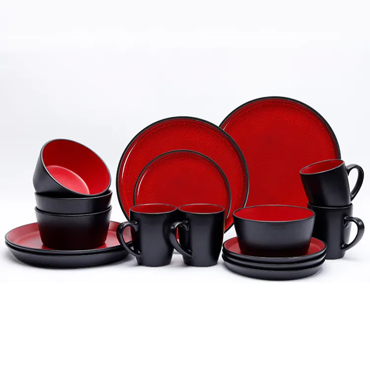 Articoli più venduti piatti per la cena in porcellana smaltata rossa da 16 pezzi piatti Set di stoviglie servizio di stoviglie in ceramica per 4