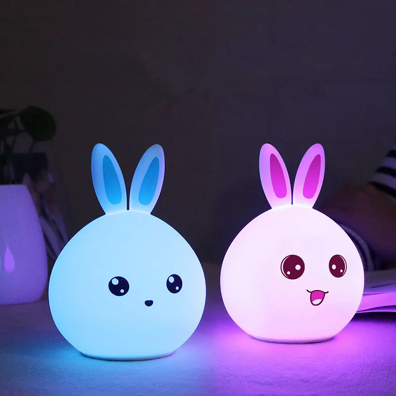 Lámpara LED de conejo de silicona para dormitorio, luz de noche colorida, juguete, regalo para niños