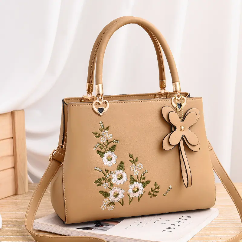 Bolsa de mão de couro para mulheres, marrom, flor