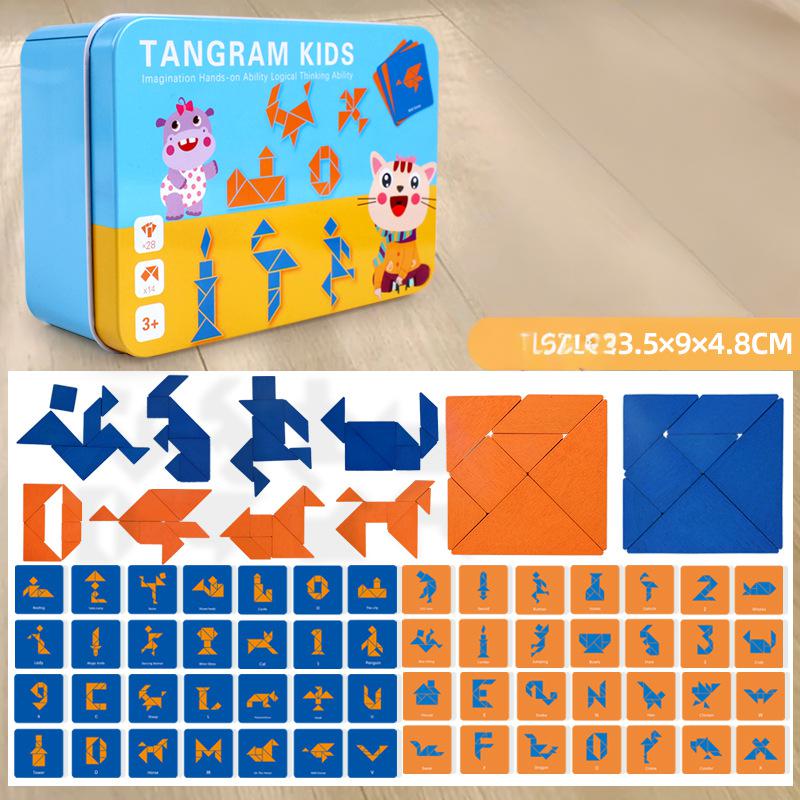 Version boîte en fer de tangram + 28 cartes recto verso + 14 en bois