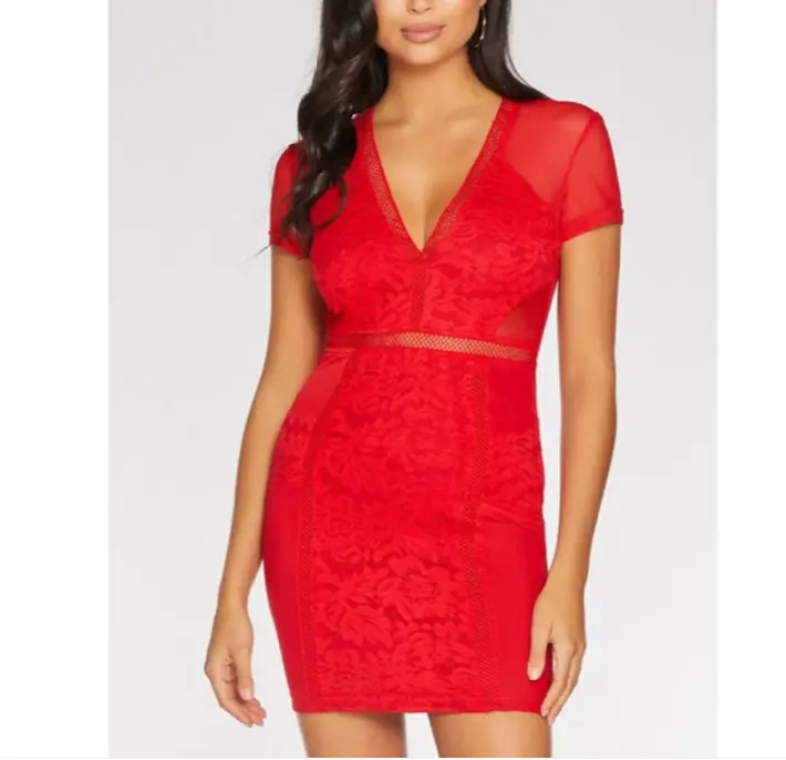 Groothandel Vrouwen Bodycon Dress Korte Mouw Rood Kant Mesh V-hals Dames Sexy Feestjurk Voor Porm