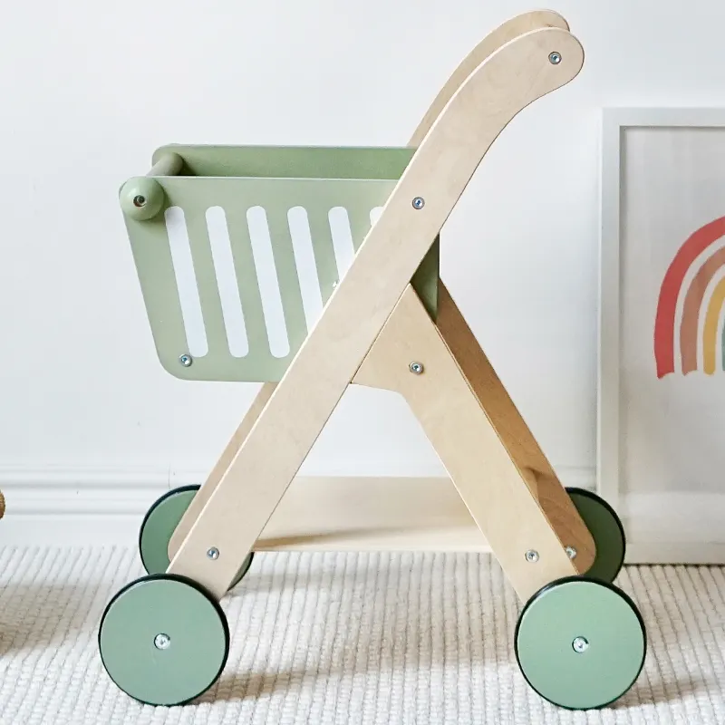 Cochecito de bebé con muebles de madera, carrito de la compra, otros juguetes educativos para niños