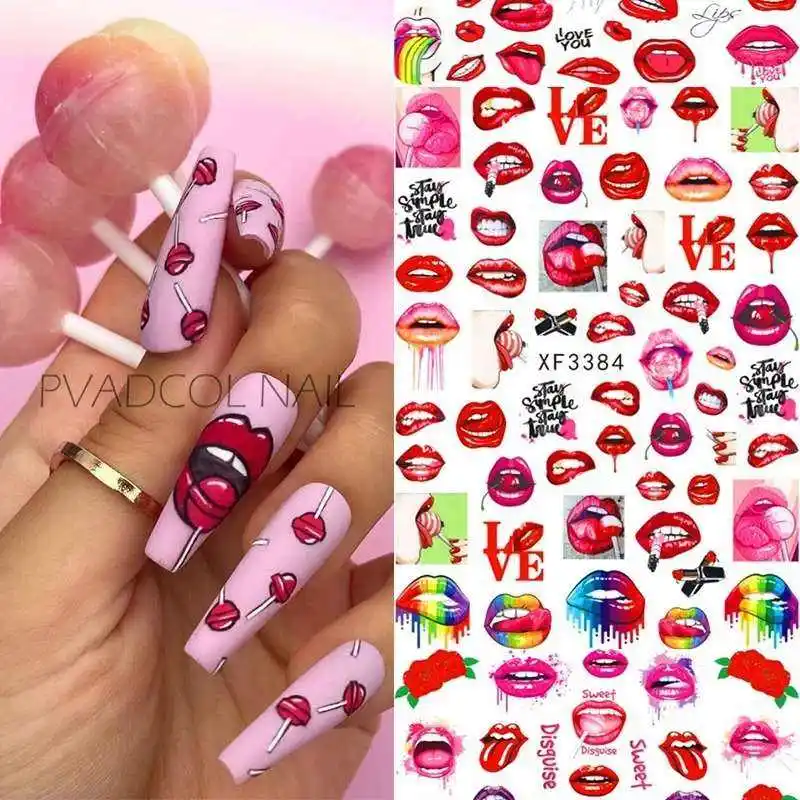 Adesivo professionale per Nail art di san valentino 2D Red Lip Hot Girl donna Nail Art adesivo