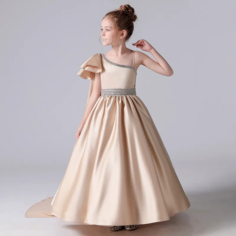 Robe de bal en Satin pour fille, asymétrique, épaule dénudée, couleur Champagne, floral, tenue de princesse, fête d'anniversaire, première Communion