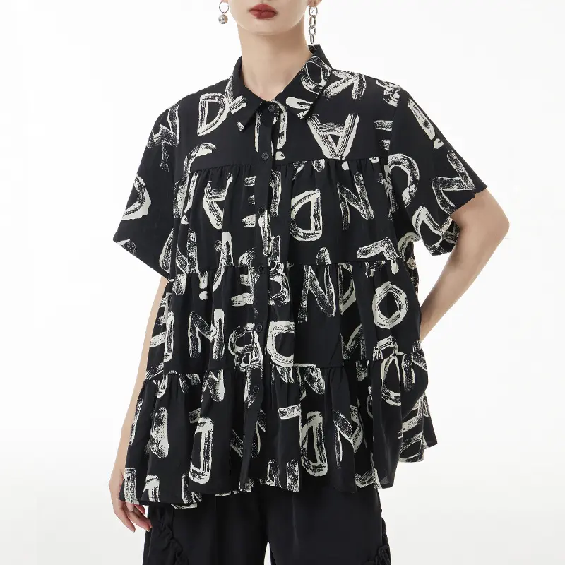 Blusa casual solta fina estilo japonês para mulheres, blusa de manga curta estampada com letras, novidade verão 2024