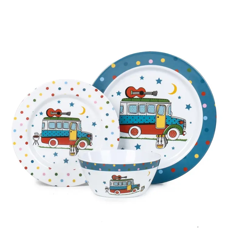 Leuke Touring Auto Afdrukken Kiddie Cartoon Diner Ware Met Kom, Servies Picknick Goedkope Melamine Set Voor Kids