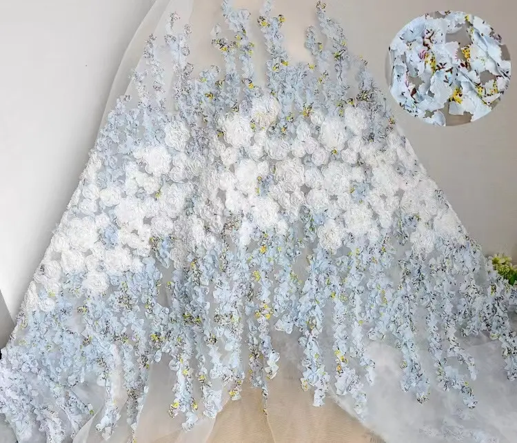 DELACE elegante 3D fiore pizzo organza bianca fiore pizzo blu piccolo fiore 3D tessuto di pizzo per le donne vestito da partito