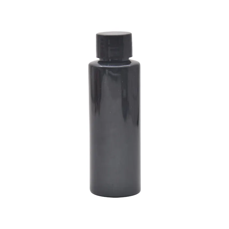 Düz omuz PET malzeme silindir yuvarlak losyon toner şişesi 120ml siyah plastik pompalı şişe güvenlik çocuk geçirmez kapak ile